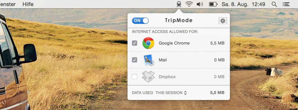 Screenshot mit TripMode, um den Datenverbrauch zu limitieren